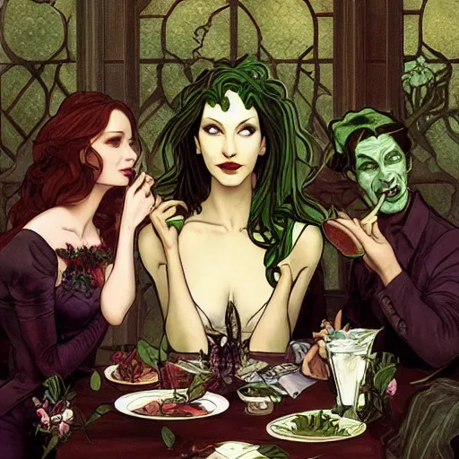 Prompt: a beautiful picture of doctor poison ivy professor of botany and doctor liliana vess professor of demonology having lunch, academic clothing, dark eyeliner, intricate, elegant, highly detailed, digital painting, artstation, concept art, matte, sharp focus, illustration, art by rembrandt and by alphonse mucha