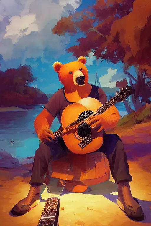 Image similar to Realistic bear as guitarman portrait, triangular v-shaped triangle of ukulele, by Jesper Ejsing, RHADS, Makoto Shinkai and Lois van baarle, ilya kuvshinov, rossdraws global illumination