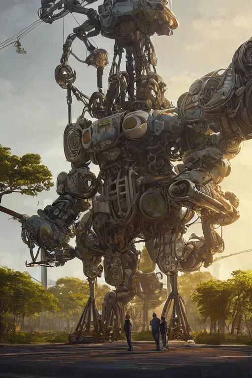 Prompt: engineers work around a giant 1 0 0 ft orgainc wooden tree mech, solarpunk, organic mech made of wood, cinematic lighting, octane render, 3 d pixar disney digital cgi rtx hdr painting, highly detailed, artstation cgsociety masterpiece, by syd mead, greg rutkowski, wlop, artger