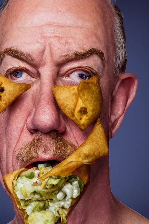 Image similar to 📷 j k simmons the samosa, made of food, head portrait, dynamic lighting, 4 k