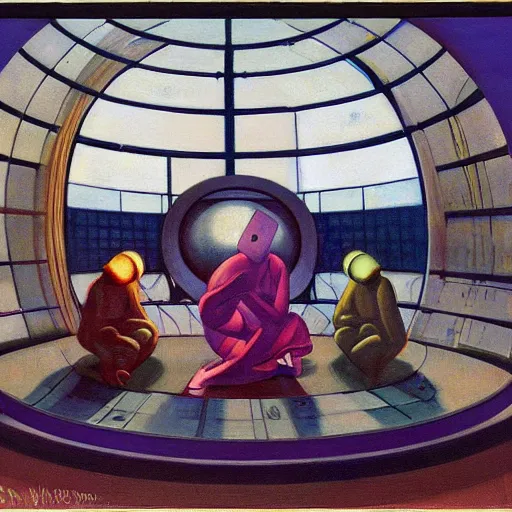 Image similar to three brutalist robotic seers watchers oracles soothsayers inside a dome, pj crook, grant wood, edward hopper, syd mead, chiaroscuro, oil on canvas