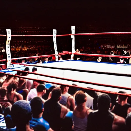 Prompt: realistic photo of a boxing match with many people in the stands