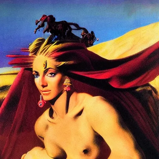 Image similar to Silk sheet desert ecstasy Bedouin under crimson azure diamond sky, in the style of Frank Frazetta, Jeff Easley, Caravaggio, extremely clear faces coherent, clear lines, 8K revolution