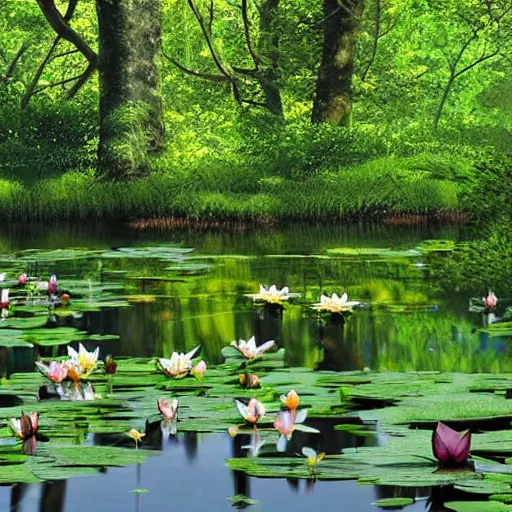 Prompt: a pond with water lillies in the forest, photorealistic,