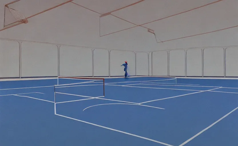 Prompt: Inside an empty tennis court, very coherent, painted by Edward Hopper, Wayne Barlowe, painted by James Gilleard, airbrush, art by JamesJean