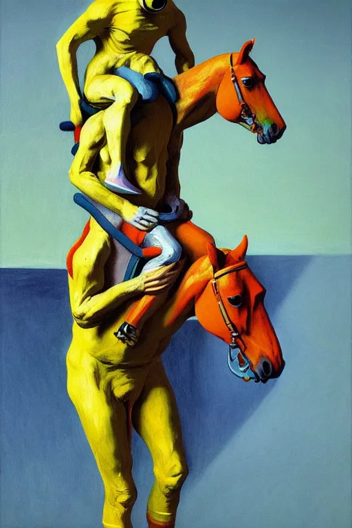 Image similar to astronaut carrying a horse on his shoulders, hauntingly surreal, highly detailed painting by francis bacon, edward hopper, adrian ghenie, gerhard richter, and james jean soft light 4 k,