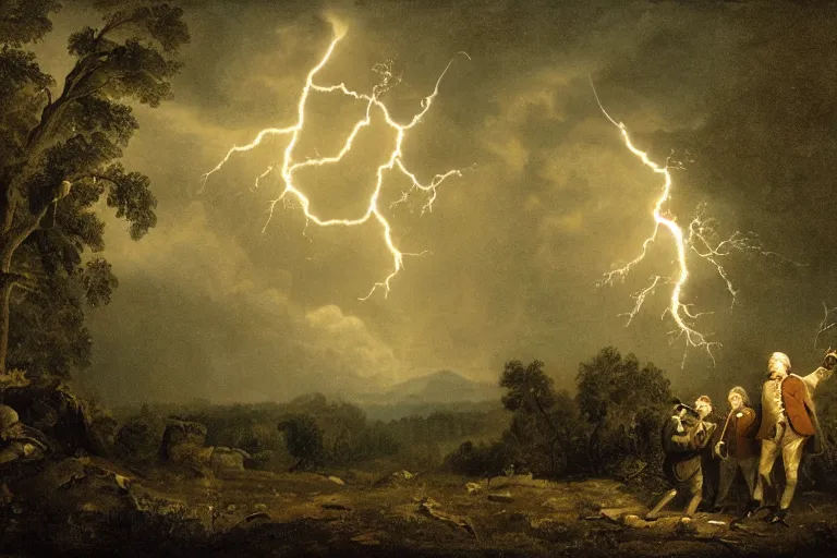 Image similar to Benjamin Franklin being struck by a lightning, in the woods, at night, thunderstorm, XVIII century, ultra detailed, wide angle lens, matte painting, cinematic composition, hyper realistic, highly detailed, concept art, low key lighting, high dynamic range, depth of field, moment cinebloom filter, cinematic color grade