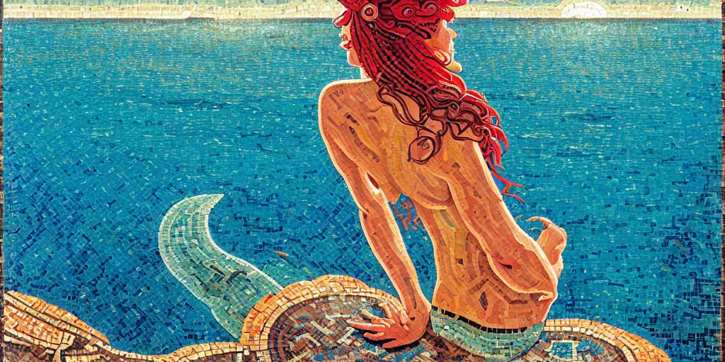 Prompt: ancient roman mosaic of bluehead mermaid on sea horizon, low ceiling, illustration by moebius, rhads, syd mead, dan mumford, clean thick line, comics style