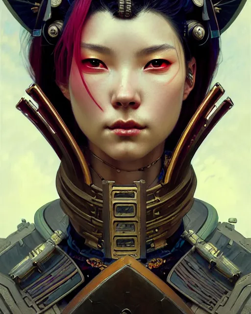 Prompt: portrait of a beautiful cyberpunk samurai woman wearing a warrior armor, beautiful symmetrical face, fantasy, regal, by stanley artgerm lau, greg rutkowski, thomas kindkade, alphonse mucha, loish, norman rockwell.