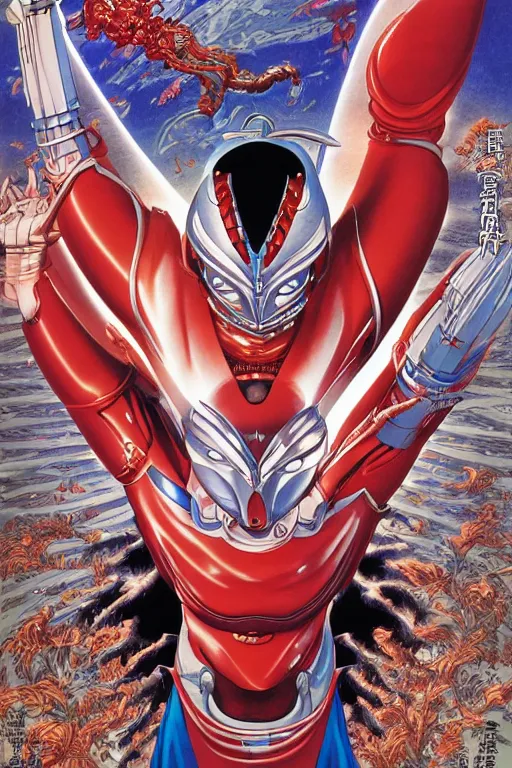 Image similar to ultraman, by yoichi hatakenaka, masamune shirow, josan gonzales and dan mumford, ayami kojima, takato yamamoto, barclay shaw, karol bak, yukito kishiro