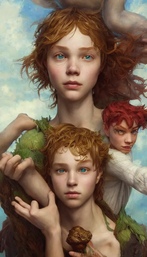 Image similar to epic masterpiece portrait peter pan and wendy, sweaty skin, hyperrealistic, octane render, cinematic, beautiful face and flawless skin, perfect hands, 5 fingers, by Edgar Maxence and Ross Tran and Michael Whelan, Legends of Runeterra