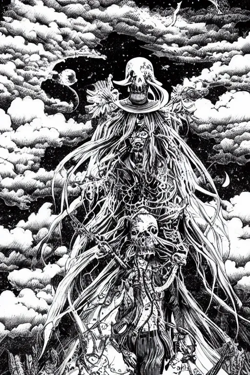 Image similar to lost soul ghost, night sky, highly detailed ink illustration of a forgotten cemetery, b & w clean shaped illustration by kim jung gi, ric estrada, ron english and eiichiro oda