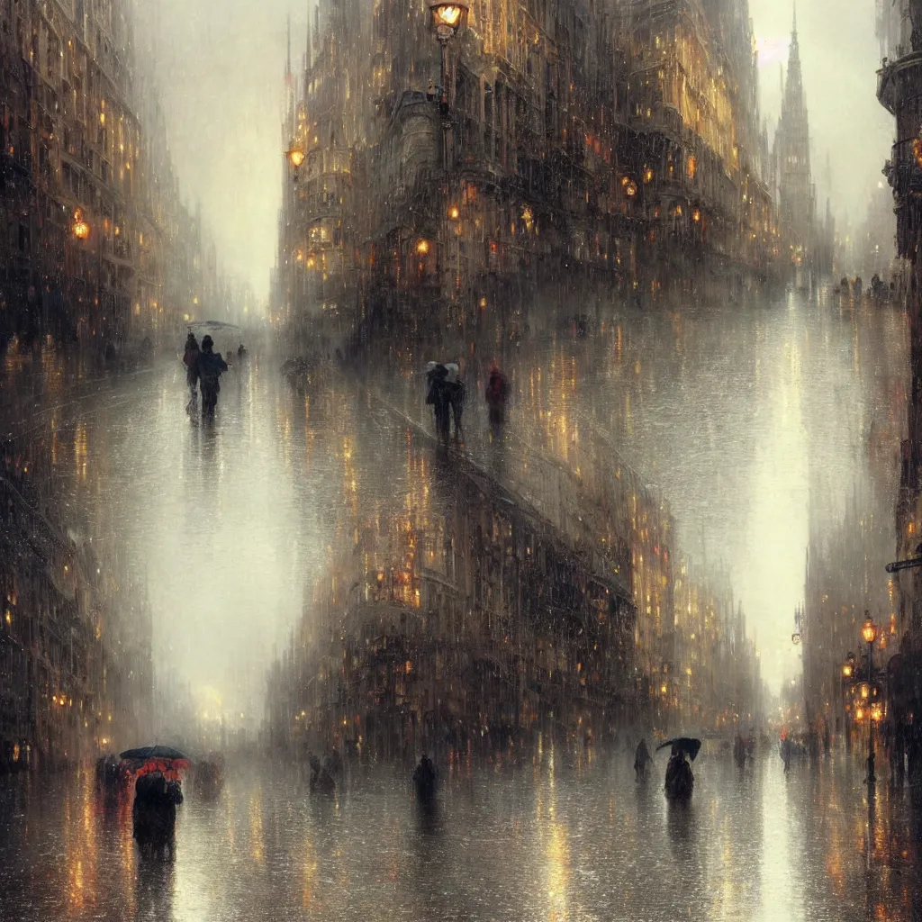 Image similar to a beautifull intricate city, wet sidewalk, people, reflections, raindrops, high details, art by william turner, by greg rutkowski and by alphonse mucha, trending on artstation, extremely detailed, masterpiece