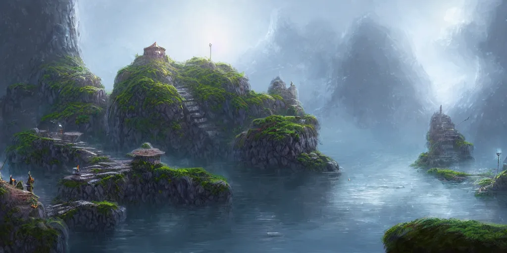 Image similar to peaceful village built on floating rocks among the clouds, d & d, rope bridges, birds in background, high fantasy, detailed, digital painting, realistic, landscape by jonathan berube