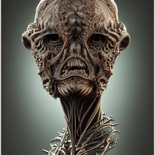 Image similar to a highly detailed photographic portrait of an alien, biomechanical sculpture, mandelbrot fractal, intricate, elegant, ornate, elegant, luxurious, beautifully lit, ray traced, octane 3D render in the style of Gerald Brom and James Gurney