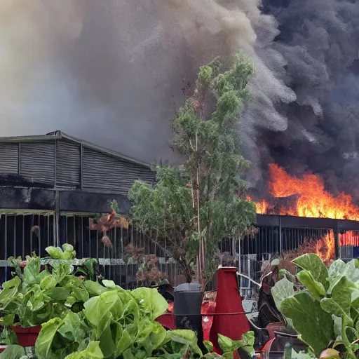 Image similar to The gardening center section of a Lowe's Warehouse, on fire