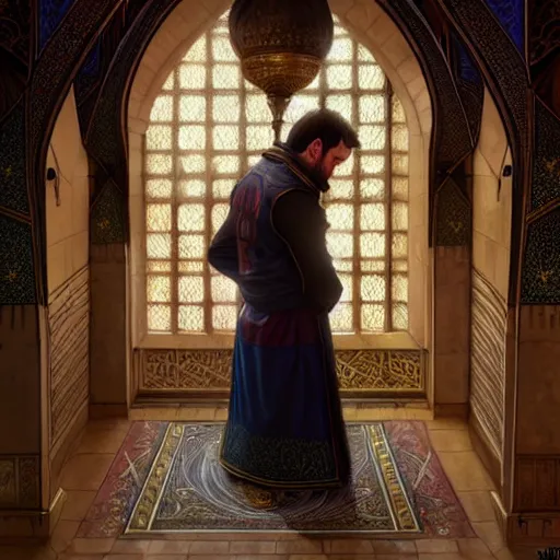 Image similar to lionel messi praying in a mosque, d & d style, fantasy, intricate, elegant, highly detailed, digital painting, artstation, concept art, matte, sharp focus, illustration, art by artgerm and greg rutkowski and alphonse mucha