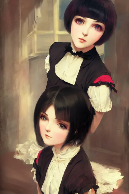 Image similar to a portrait of a cute young woman in a Victorian maid outfit with black bob cut hair, steampunk setting, vivid colors, soft lighting, atmospheric, cinematic, moody, in the style of Ilya Kuvshinov and Range Murata, Krenz Cushart, oil on canvas, 8k