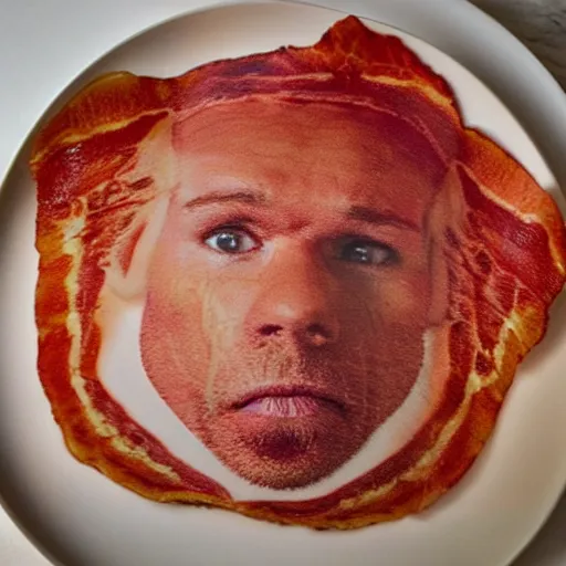 Prompt: an ultra realistic photograph of a bacon rasher on a plate, with kevin bacon's face