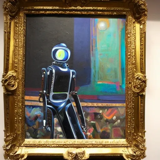 Prompt: a robot stood next to a painting which he is creating, painting on a canvas, highly detailed, dramatic, award winning