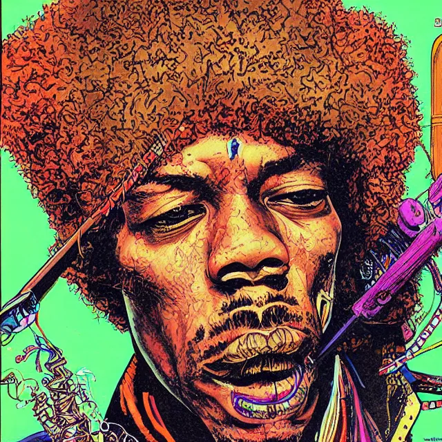 Prompt: a portrait of jimi hendrix with voodoo electronics by moebius