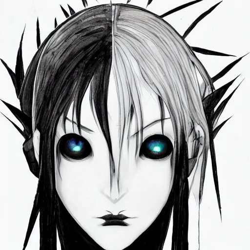 Image similar to headshot art of a goth anime woman, attractive, symmetrical face, trending on artstation, black and white watercolor