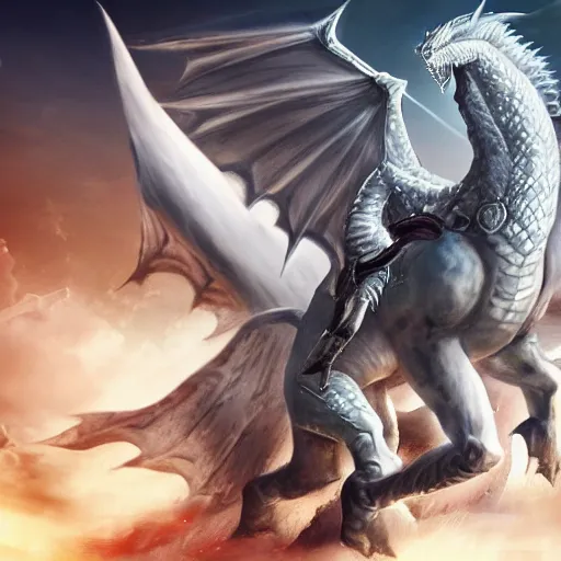 Image similar to a legendary white knight wiekling an enchanted curved sword, riding a white dragon with blue eyes, tearing through an army of grey ghouls, hd wallpaper