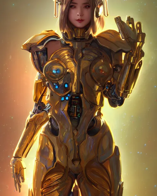 Image similar to holy cyborg girl with golden armor, elegant, scifi, futuristic, utopia, garden, colorful, lee ji - eun, illustration, atmosphere, top lighting, blue eyes, focused, artstation, highly detailed, art by yuhong ding and chengwei pan and serafleur and ina wong