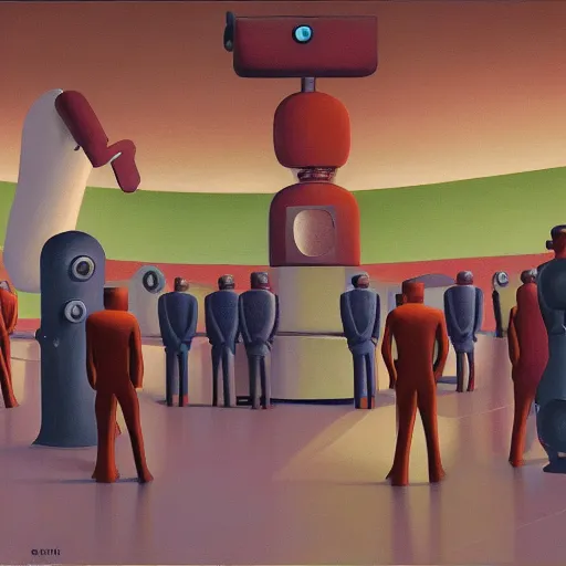 Image similar to human workers being reprogrammed at a mind control center, robot guards, human subjugation, arena, rotunda, brutalist, grant wood, pj crook, edward hopper, oil on canvas