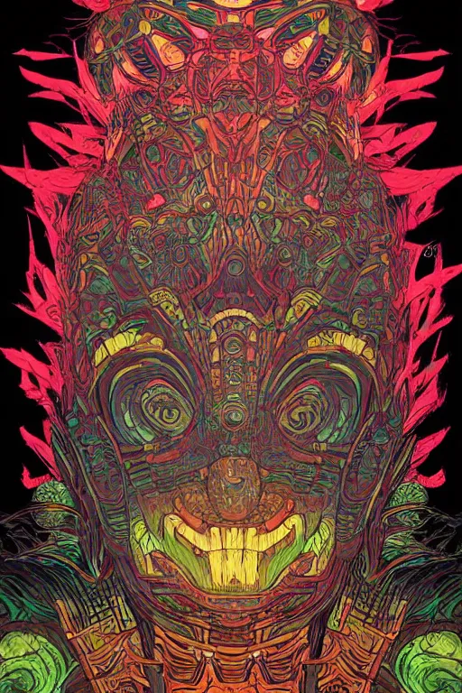 Image similar to totem animal tribal chaman vodoo mask feather gemstone plant video game illustration vivid color borderlands and by feng zhu and loish and laurie greasley, victo ngai, andreas rocha, john harris radiating a glowing aura