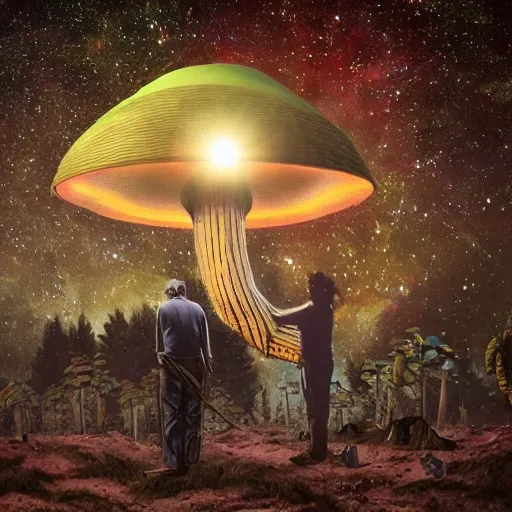 Prompt: Aliens from a UFO harvesting mushrooms from Earth with Joe Rogan watching with binoculars from the trees, realistic