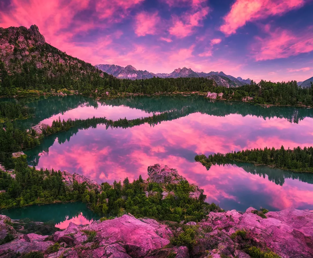 Image similar to wide angle photography, majestic mountains, beautiful lake, lush landscape, pink sky, sunset, high res, 8k