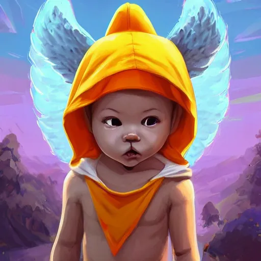 Image similar to baby Angel, baby cherub,wearing angel halo, ski mask, balaclava, face covered, wearing angel halo covered face, orange hoodie, hip hop, multiple golden necklaces, fantasy art apex fortnite Video game icon, 2d game art gta5 cover , official fanart behance hd artstation by Jesper Ejsing, by RHADS, Makoto Shinkai and Lois van baarle, ilya kuvshinov, rossdraws