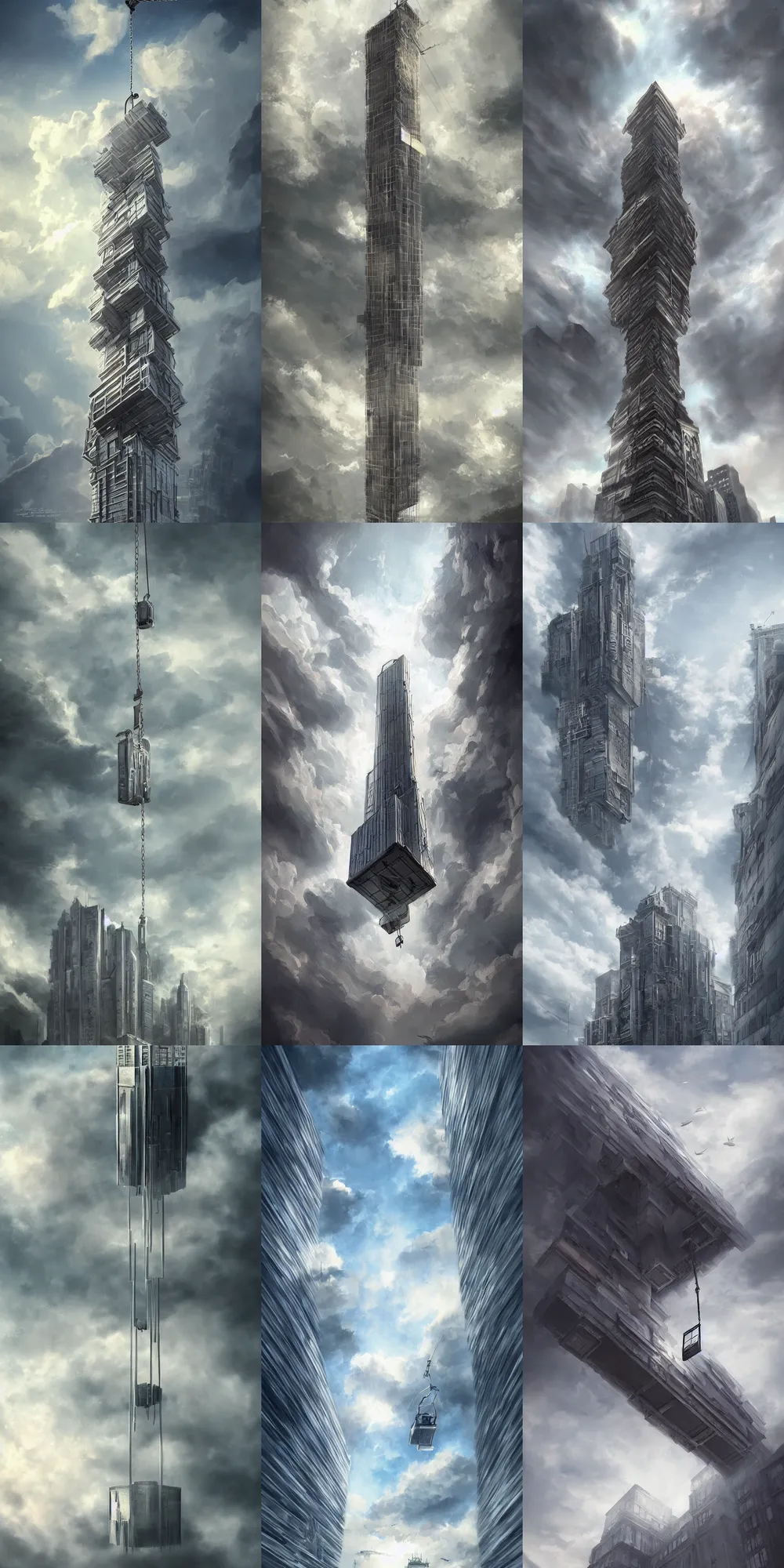 Prompt: matte painting elevator hanging from the clouds. dynamic perspective. urban, detailed digital art trending in artstation