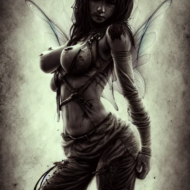 Prompt: full body pose, beautiful adult warrior fairy, dirty, grungy, grunge, highly detailed, 4 k, hdr, smooth, sharp focus, high resolution, award - winning photo, artgerm, photorealistic