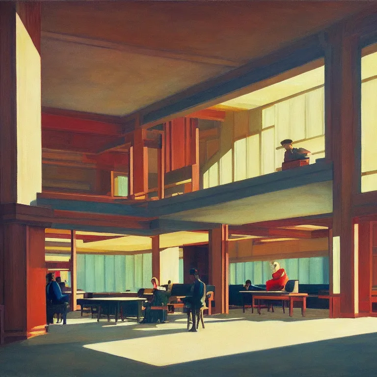 Prompt: Frank Lloyd Wright library, painted by Edward Hopper, painted by James Gilleard, airbrush