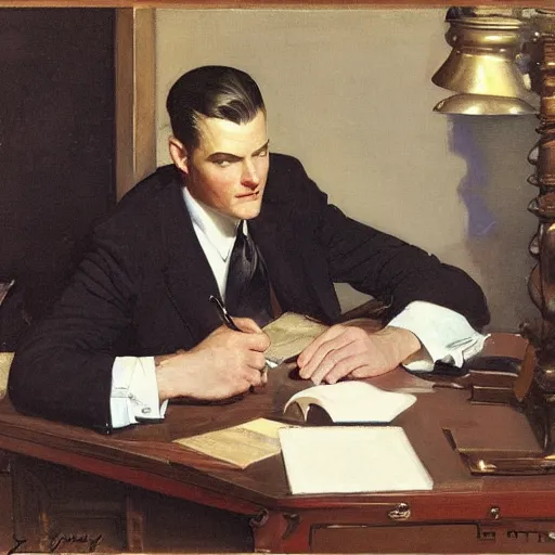 Prompt: man in desk with coffee and black suit by leyendecker and dean cornwell, 5 feet distance from the camera