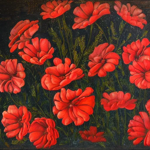 Image similar to oil painting of many various red flowers on a dark background, painted by Sandro Botticelli, the flowers are floating and are seen from the side, dark atmosphere, realistic flowers oil painting