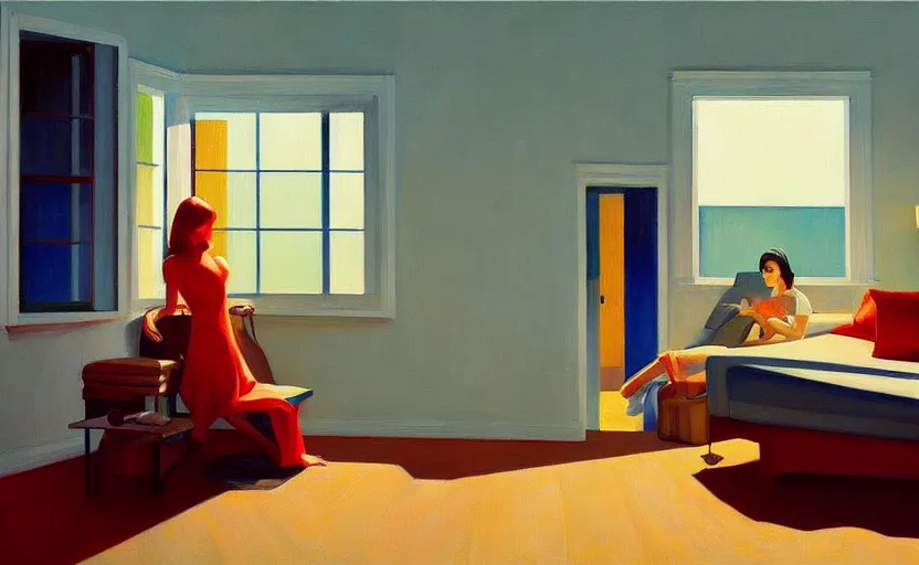 Prompt: Interior shot of contemporary cozy loft, very coherent, painted by Edward Hopper, painted by James Gilleard, airbrush, art by JamesJean