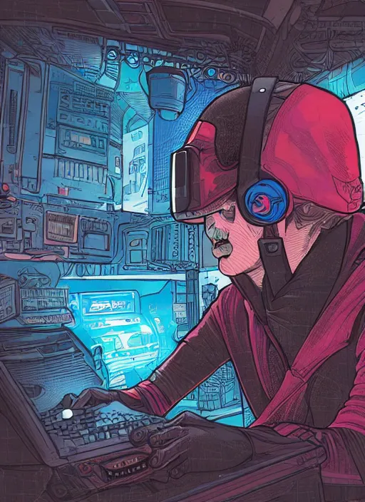 Image similar to in the style of max prentis and deathburger and laurie greasley a beautiful close up of a young explorer wearing a cyberpunk headpiece playing video games in his treehouse, colourful flat surreal design, highly detailed, 8 k wallpaper