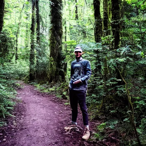 Image similar to lush forest trail, friendly skinwalker posing for camera, smiling, cryptid, professional photography