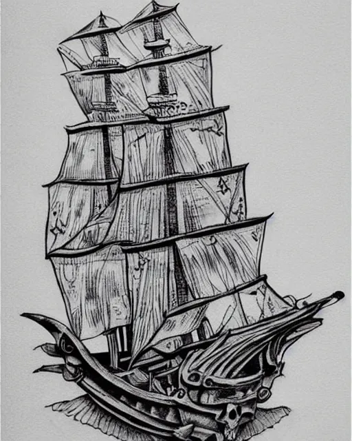 Image similar to A tattoo design on paper of a pirate ship, on paper, black and white, highly detailed tattoo, realistic tattoo, realism tattoo