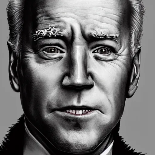 Image similar to cinematic portrait of Joe Biden as Tyler Durden. Centered, uncut, unzoom, symmetry. character illustration. Surreal render, ultra realistic, zenith view. Polished. Inspired by patricio clarey, heidi taillefer scifi painter glenn brown. Extremely ornated. artstation, cgsociety, unreal engine, ray tracing, detailed illustration, hd, 4k, digital art, overdetailed art. Dslr, tiltshift, dof. 64megapixel. complementing colors. Trending on artstation, deviantart,