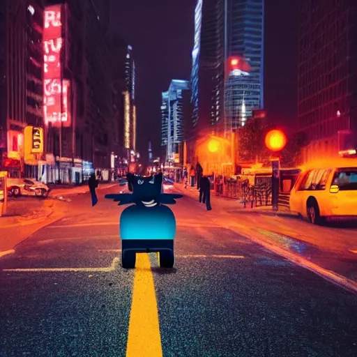 Image similar to neon city with a cat in the road cinematography