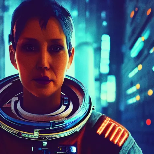 Image similar to professional photo of astronaut looking in the camera from low angle shot, cyberpunk background, blade runner, hyperrealistic masterpiece, trending on artstation, cgsociety, kodakchrome, golden ratio, cinematic, composition, beautiful lighting, hyper detailed, sharp focus, octane render, 4 k, unreal engine