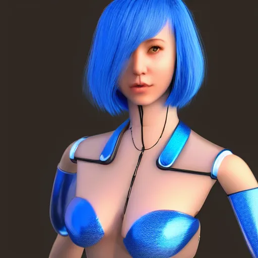 Prompt: womanized humanoid robot made of steel, beautiful face!!, short blue hair!!!, big breasts!, anatomically correct, futuristic, glowing details!, bumped materials, symmetrical!, unreal engine 5, ray tracing, natural shaders, vfx, 8 k, uhd, ultrarealistic, clear, sharp, highly detailed