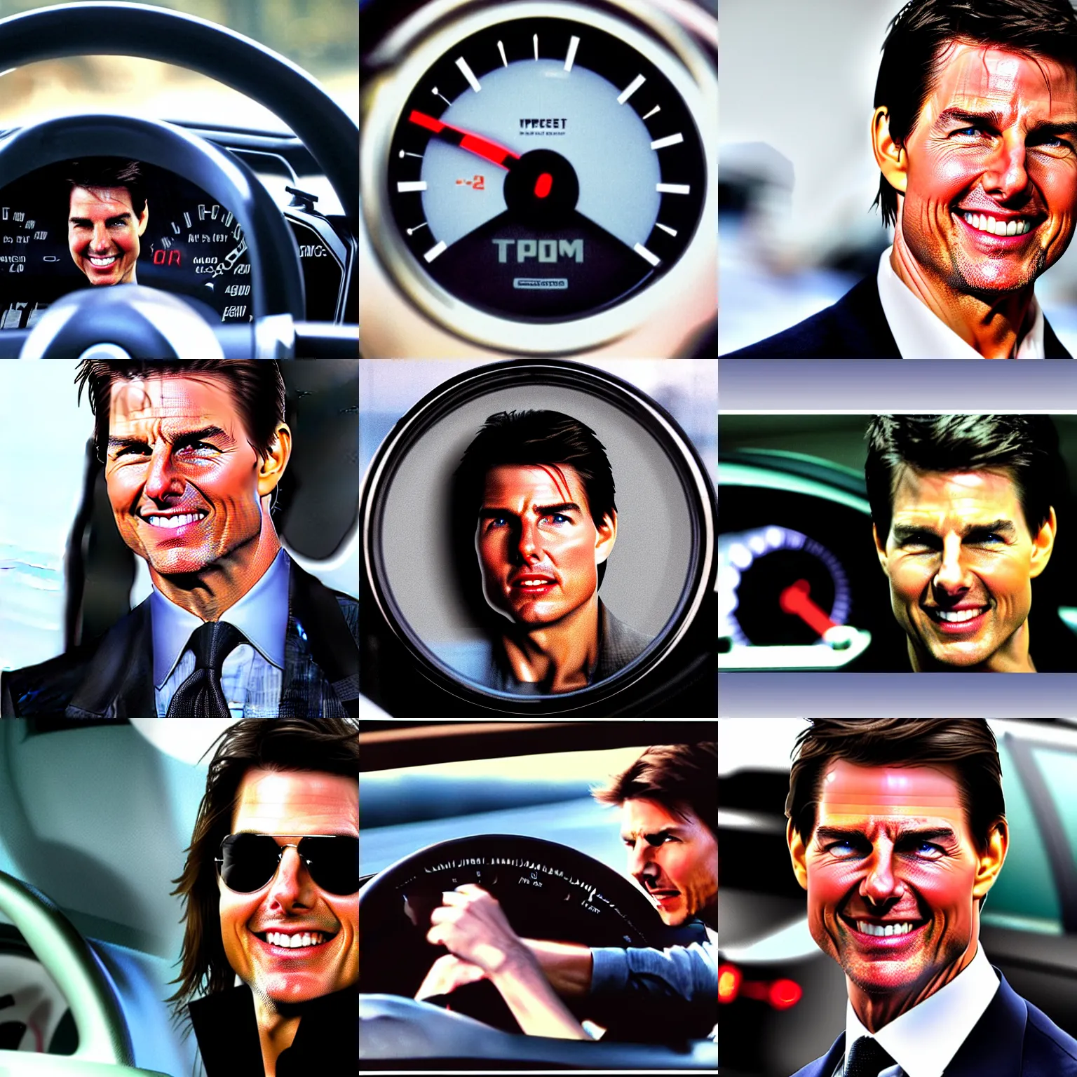 Prompt: tom cruise's face in a car speedometer, car speed controls with tom cruise's face, mph
