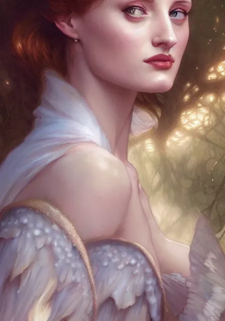 Image similar to sansa angeline jolie gessica chastain fairy, intricate, elegant, highly detailed, digital painting, artstation, concept art, smooth, sharp focus, illustration, art by artgerm and greg rutkowski and alphonse mucha and william - adolphe bouguereau