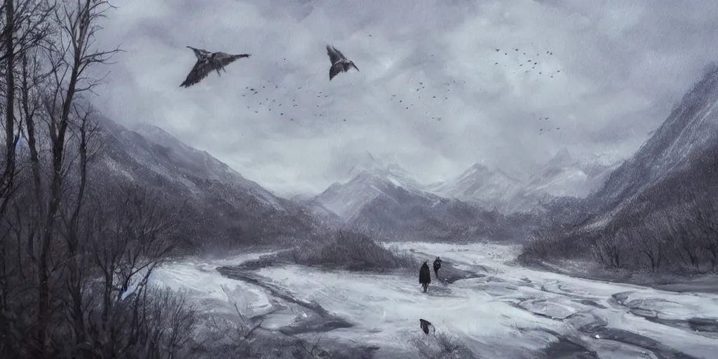 Prompt: A majestic landscape featuring a river, mountains and a forest. A small group of birds is flying in the sky. Harsh winter. very windy. There is a man walking in a deep snow.Camera is positioned behind the man. Cinematic, very beautiful, painting in the style of Lord of the rings