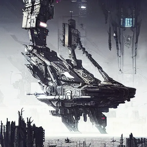 Image similar to cyberpunk battleship in the sky, concept art with intricate line drawings, by John Harris, Emil Melmoth, Craig Mullins, Yoji Shinkawa, trending on artstation, moebius comic, Marc Simonetti, lan McQue, Kentaro Miura, hyper detailed, cinematic